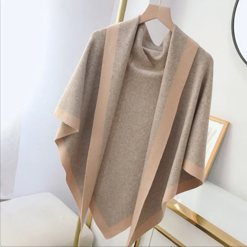 Women Wool Blend Cashmere Knitted Solid Color Triangular Shawl with Contrast Border Stole Wrap Scarf 7 Colors Dropshipping