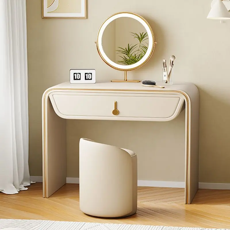 

French Trendy Vanity Table With Drawer Cute Bedroom Modern Vanity Table With Light Mirror Luxury Meuble Rangement Furniture