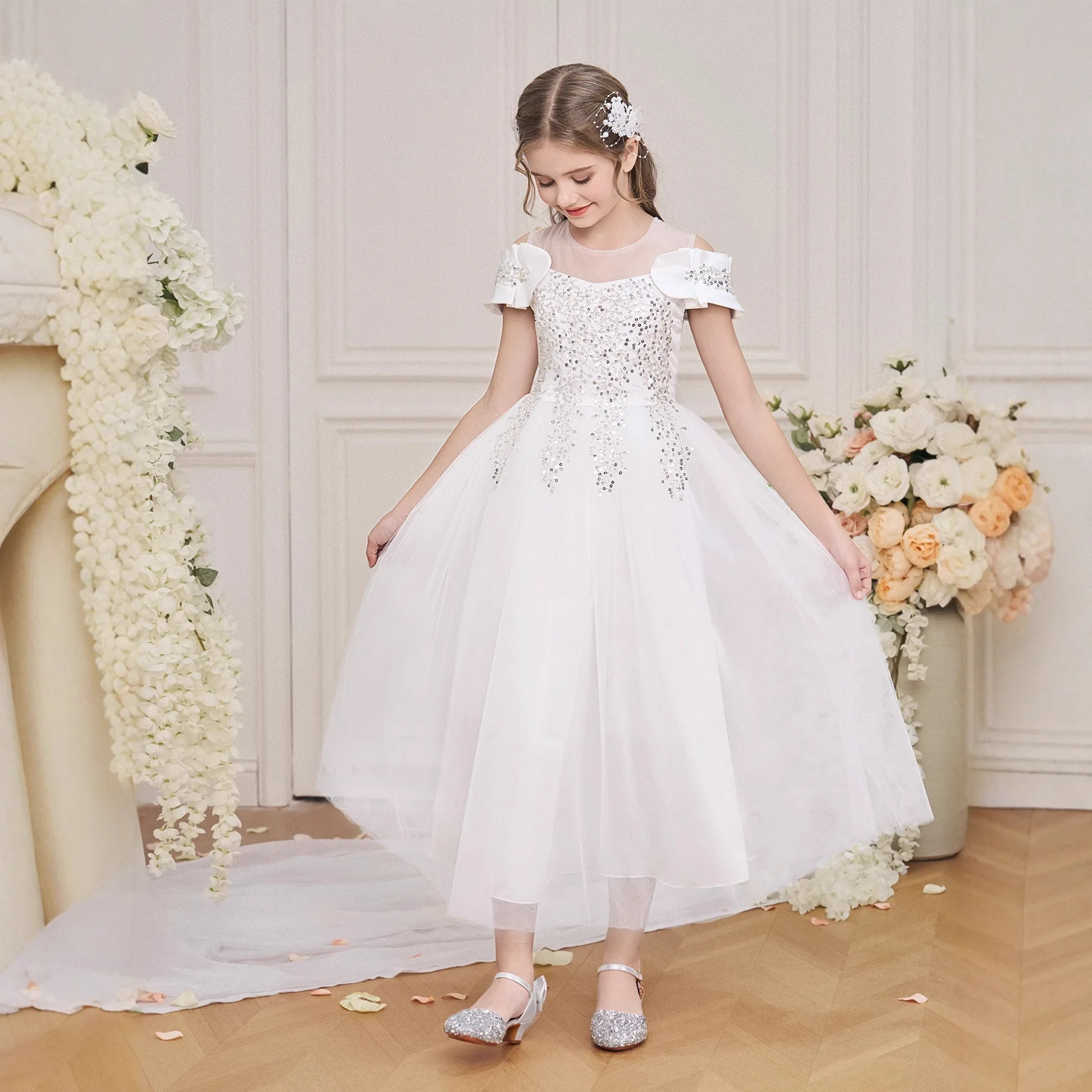 Off-shoulder Elegant Wedding Dress GIrl Princess Dress Baptismal White Dress For Girls Birthday Dress First Communion Costume