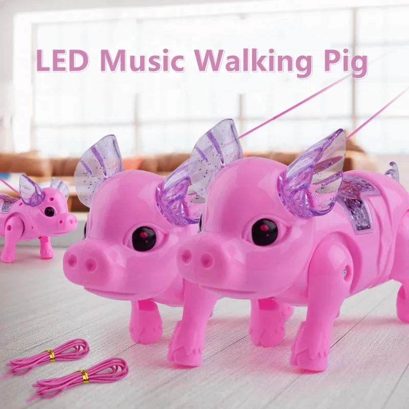 Simpatica musica elettrica a LED per maiale che cammina, corda elettronica che tira animali domestici con musica da passeggio leggera, animali domestici elettronici per bambini, neonati