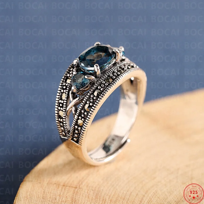 

S925 Sterling Silver Charms Rings for Women Men New Fashion Hollow Pattern Inlaid Blue Topaz Micro Marcasite Jewelry Wholesale