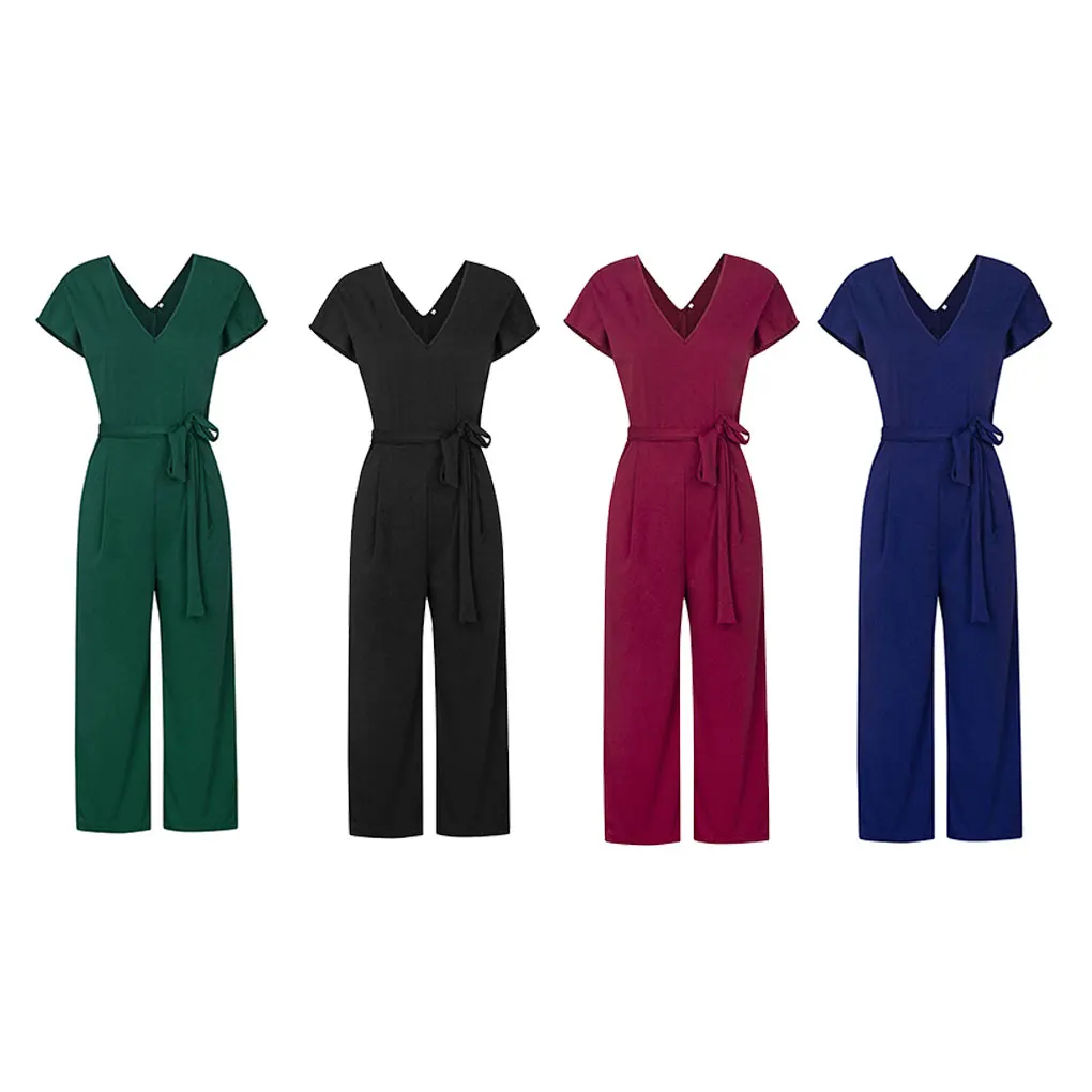 Tutina da donna con scollo a V, manica corta, tinta unita, tutina estiva