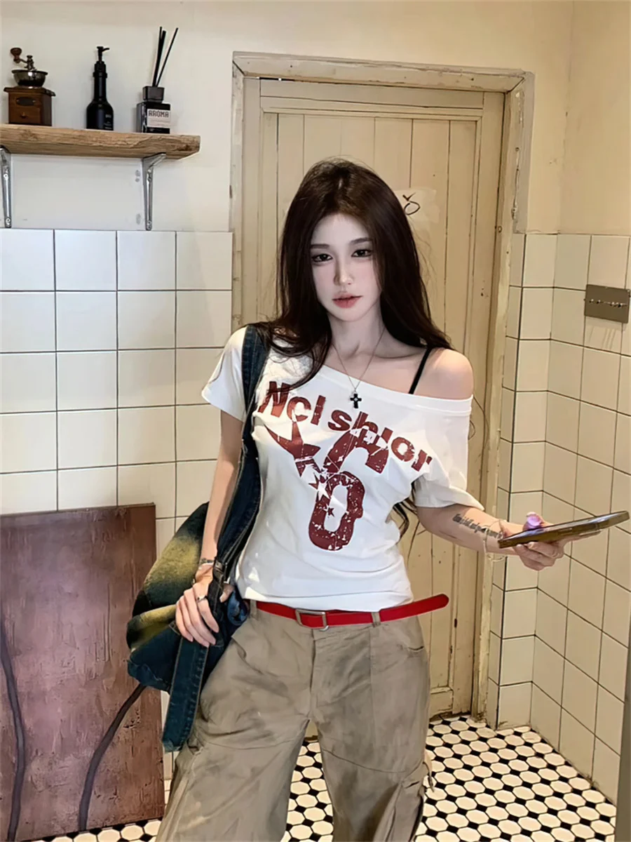 Y2k Sport Sommer Off schulter Top Frauen Brief Sexy Vintage 2000s kurzarm T shirt Dame Körper Grundlegende Crop Top weibliche Casual