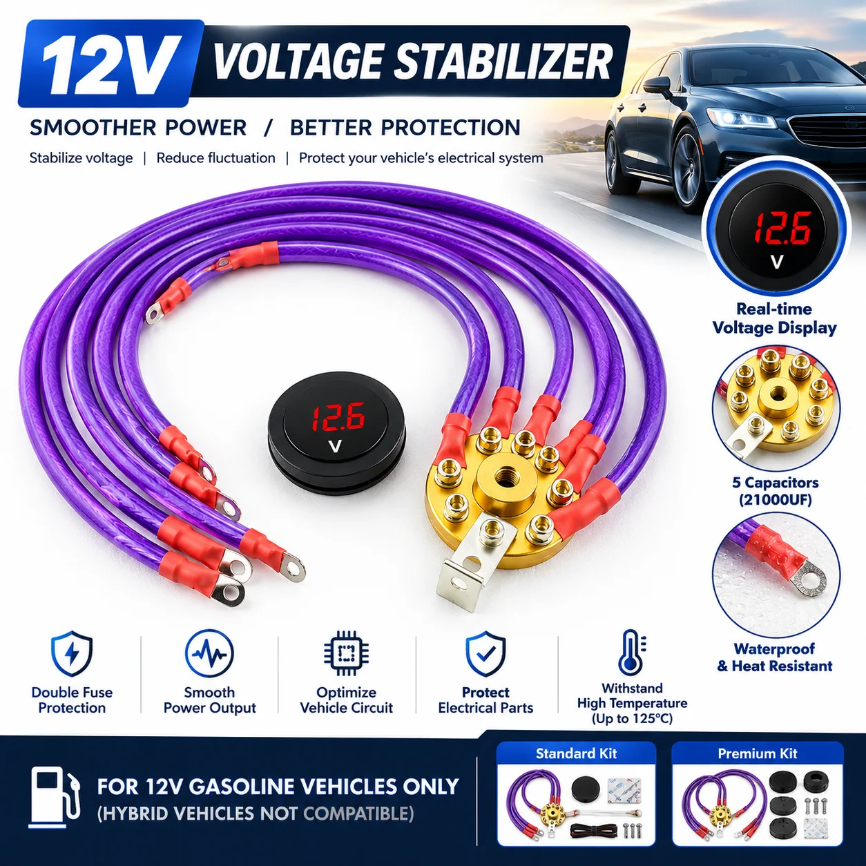 12V Universal Car Voltage Stabilizer Electronic Rectifier Kit Purple Vehicle Circuit Power Stabilizing Accessory with Ground Wir