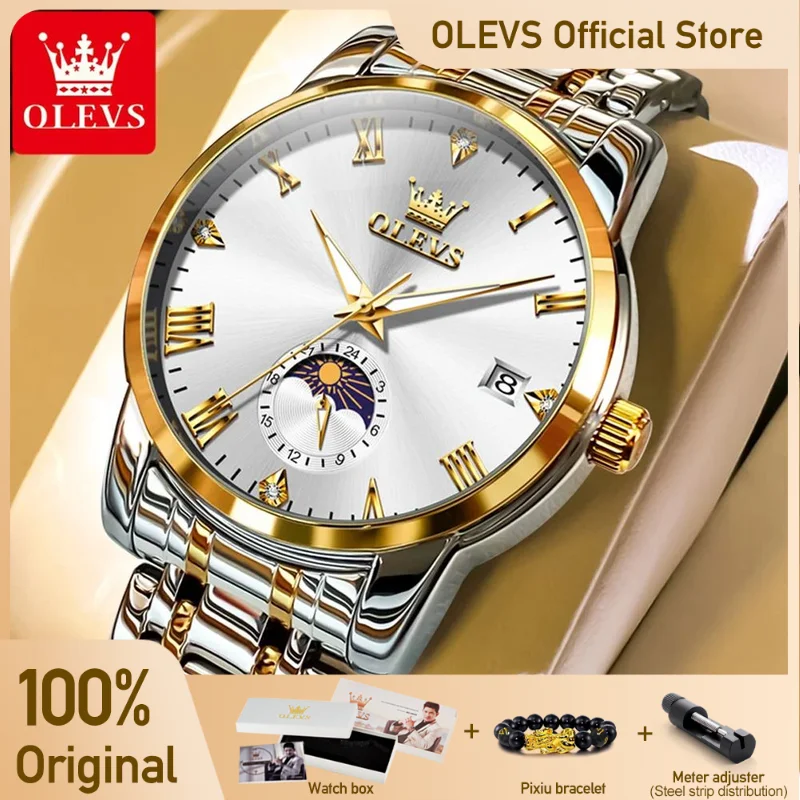 OLEVS 3656 Mens Watch New Original Band Calendar Moon phase Watch Chronograph Big Dial Watches For Man Waterproof Luminous Reloj