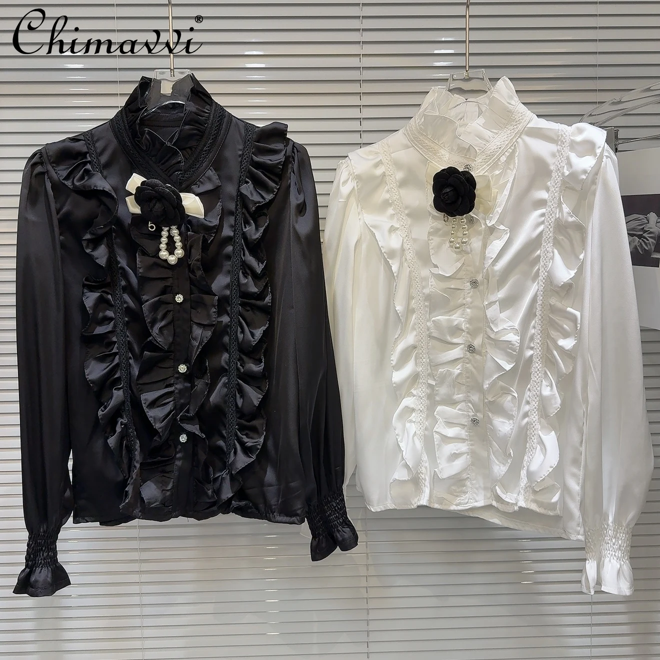 Winter New French Fashion Flower Brooch Chain Ruffle Edge Solid Color Shirt Long Sleeve Loose Elegant Blouse Womens Top Camisas