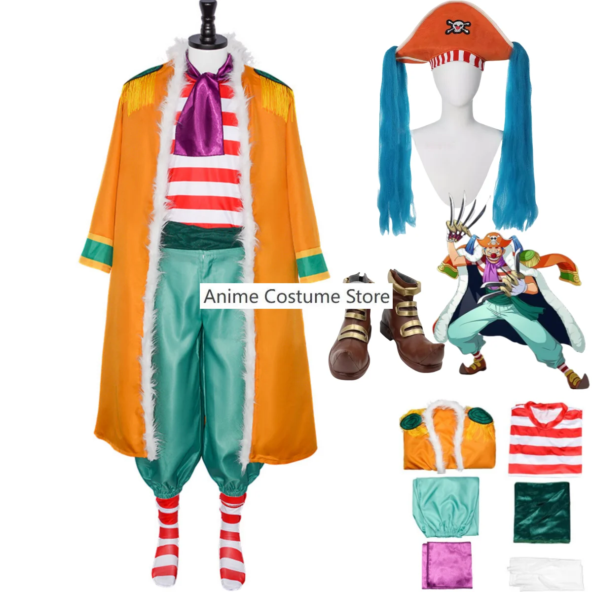 Anime Buggy Cosplay Costume Bara Bara No Mi Chop-Chop Fruit Wig Hat Yellow Cloak Stripe T-shirt Shoes Adult Man Christmas Suit