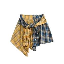 Retro Splicing Checkered Half length Skirt for Women 2024 Spring New Style Sweet Cool Irregular Short Skirt