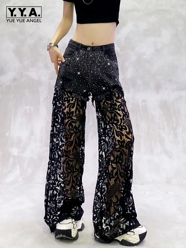 Summer Women Denim Pants High Waist Sexy Spliced Lace Wide Leg Trousers Streetwear Female Fashion Shiny Diamonds Straight Pants