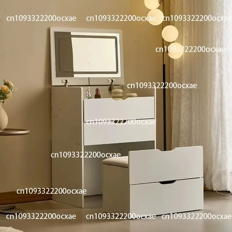 Modern foldable mini flip dresser with LED lights and illuminated mirror Solid wood bedroom furniture