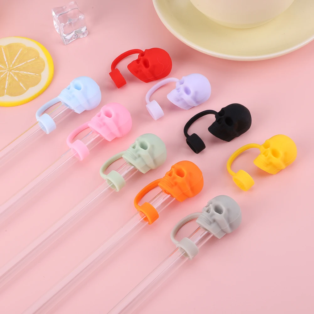 Silicone Cute Skull Straw Covers 10mm Skull Shape Straw Caps Reusable Halloween Skull Straw Toppers for Stanley 30&40 Oz Tumbler