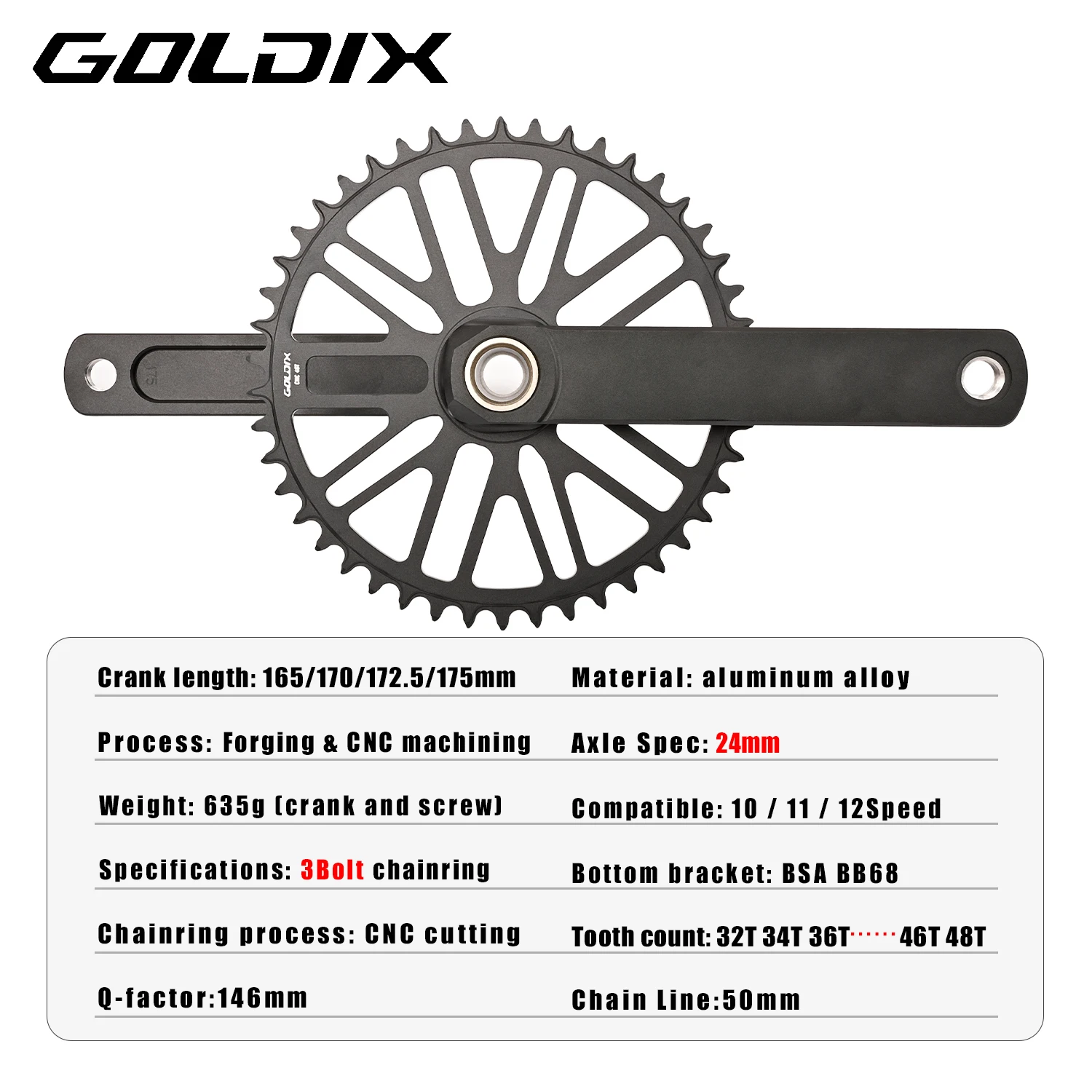 GOLDIX Road Bike Crankset 165/170/172.5/175mm Length Aluminum Alloy Forged Bicycle Crank Single Speed Narrow Wide Chainring