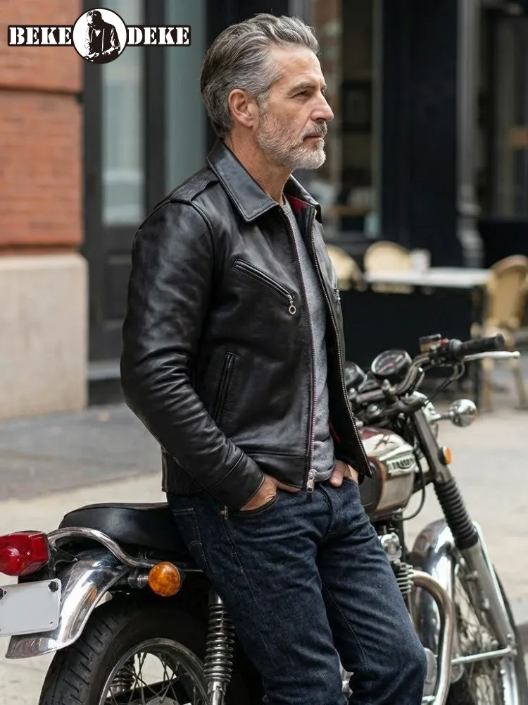High Quality Mens Genuine Cowhide Black Biker Jacket American Casual Real Leather Short Jackets Slim Fit Vintage Lapel Zip Coat