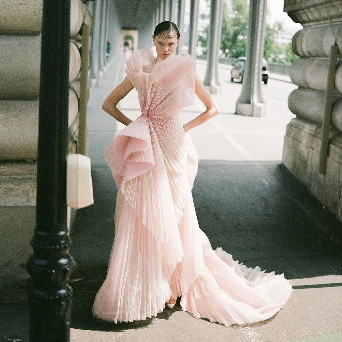 Coral Pink Pleated Tulle Prom Dresses with Structural Collar and Overskirt Unique Design Pleats Formal Occasion Dress Party Gown