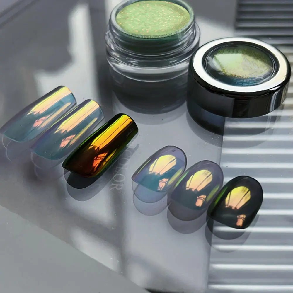 6 colores brillo Aurora polarizado uñas frotar polvo fino iridiscente Aurora uñas cromo polvo DIY espejo mágico Aurora polvo