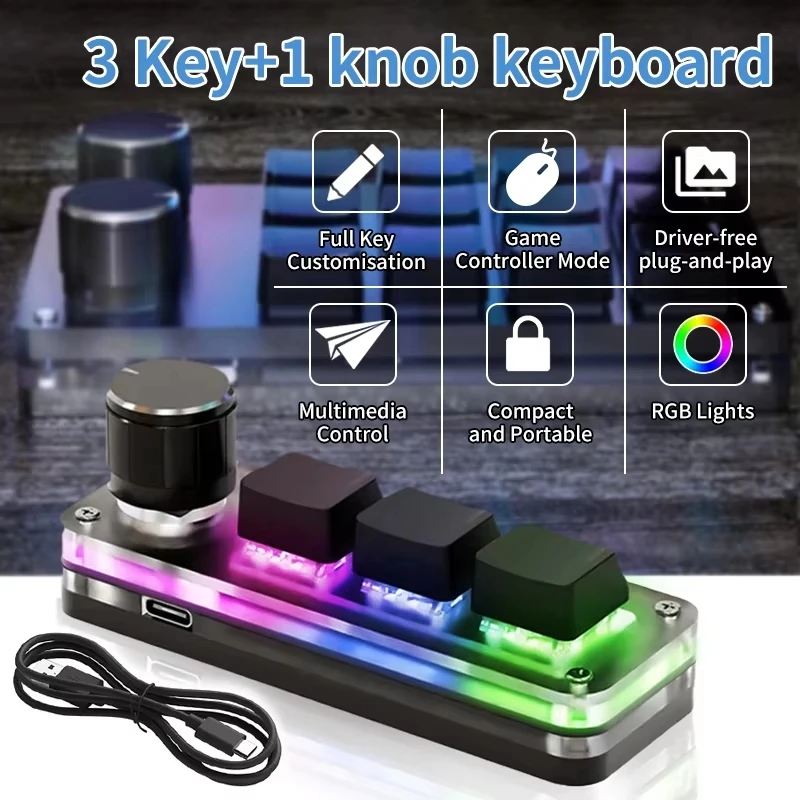 USB Mechanical Keyboard Gamer 3Keys Macro Custom Keyboard Mini Keyboard Keypads RGB Gaming Custom Programming Knob For Photoshop