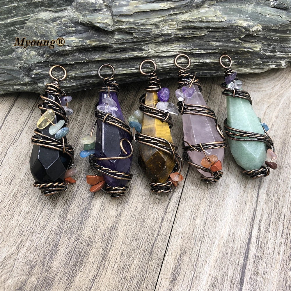 Bullet Shape Reiki 7 Chakra Gems Gravel Paved Natural Crystal Rose Quartzs Tiger Eye Stone Point Vintage Pendants MY220790