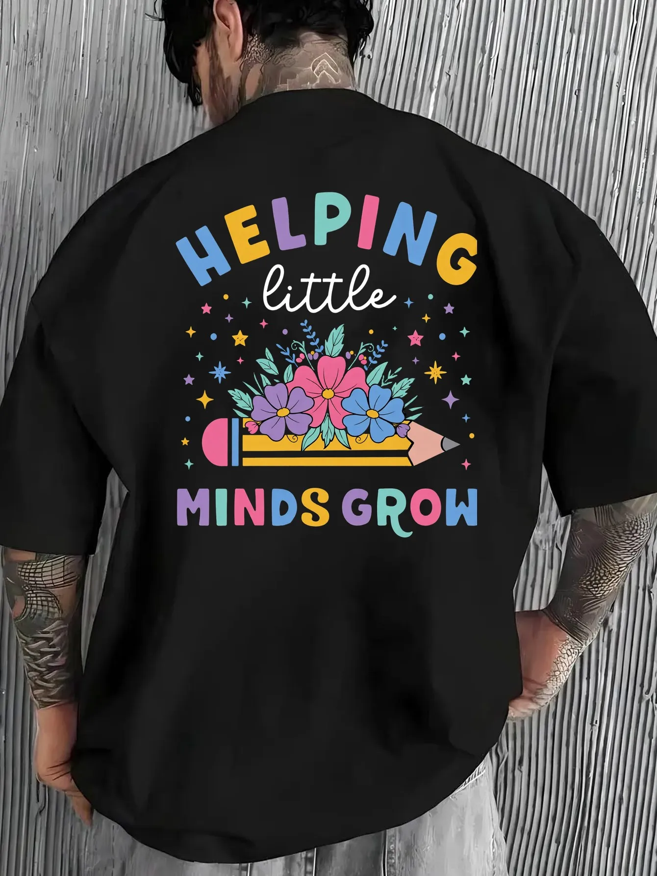 【Helps Mind and Heart Grow】Teacher T-Shirt, Unisex, Fun Floral Pencil Design, Casual Outdoor Wear, Suitable for Spring, Summer, Autumn, Plus Size