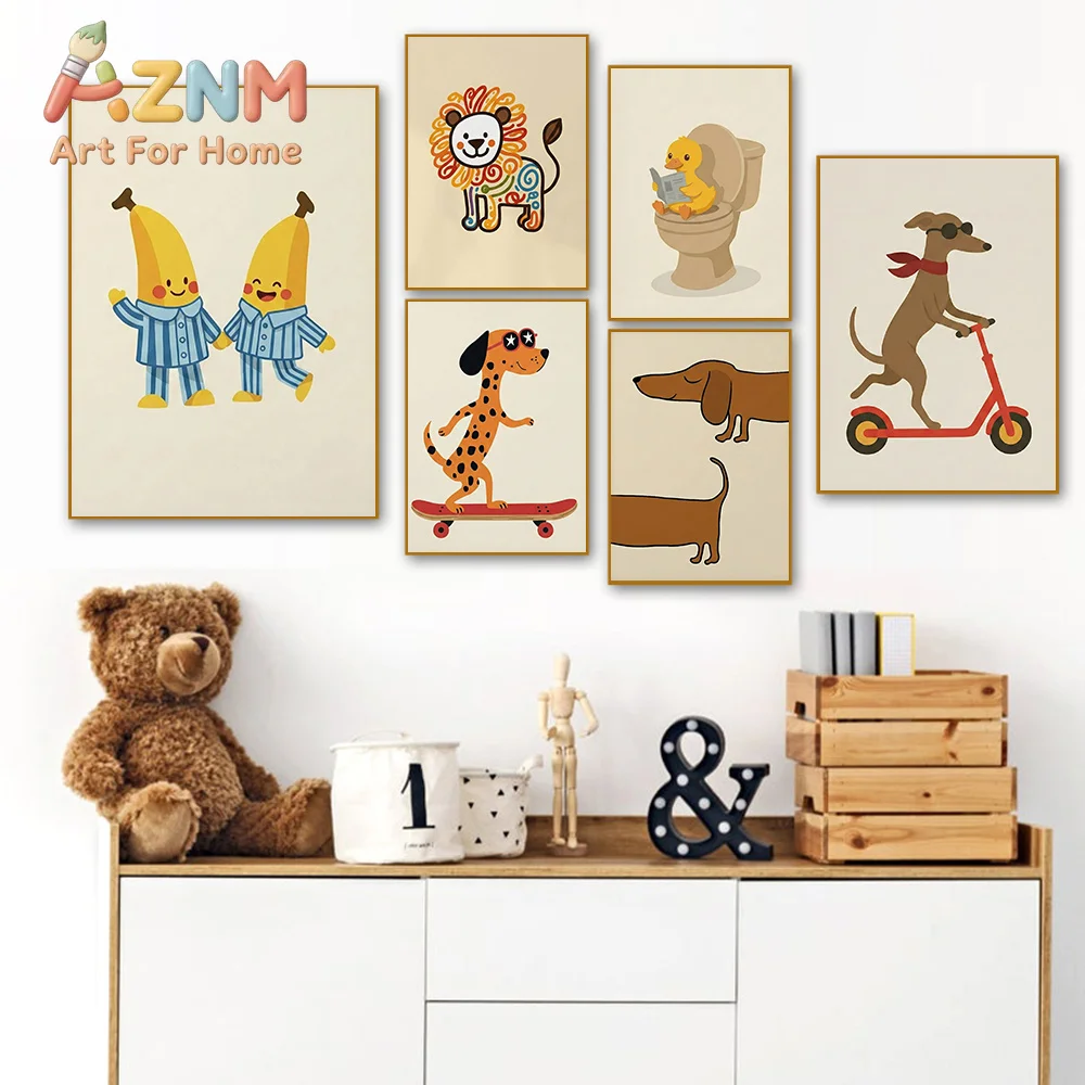 Funny Duck Dog Lion Bathroom Wall Art for Kids Room Decor, Cute Banana Pajama Animal Print, Playful Toilet Nursery Illustration