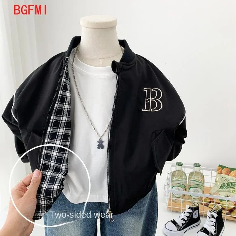 Boys Both Sides Baseball Coat 2025 New Spring Autumn Wear Children's Casual Handsome Two Faced Jackets for Children's Plaid Top