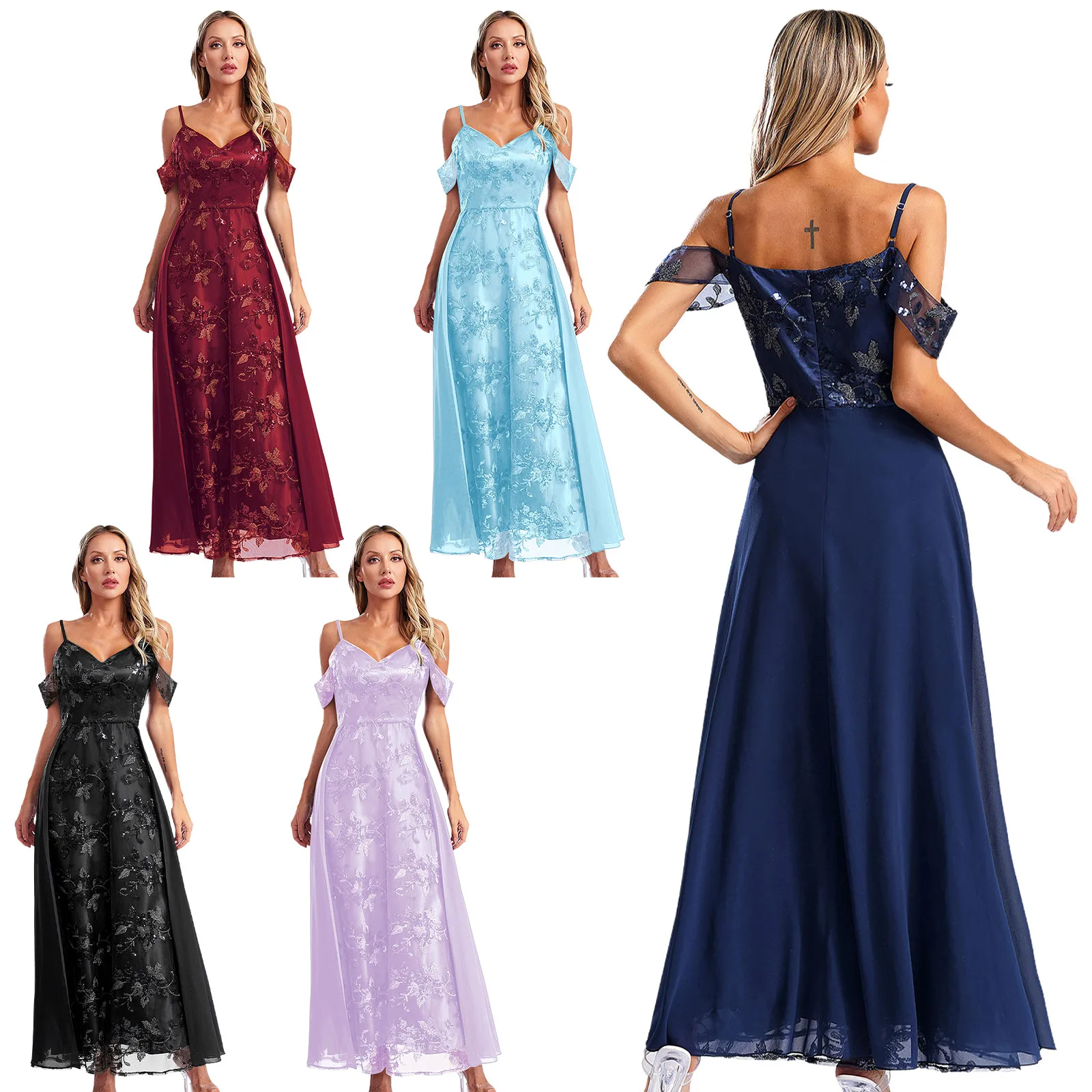 A Line Lace Chiffon Elegant Boat Neck Off Shoulder Bridesmaid Dresses Evening Wedding Party Formal Prom Cocktail Dancewear