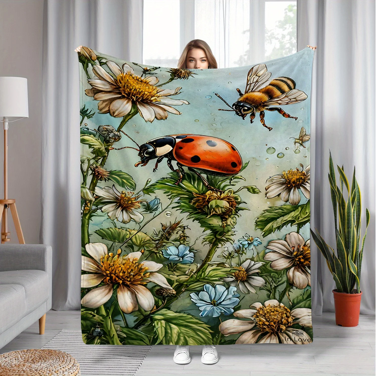 

1pc Flower and insect print blanket, polyester fabric, machine washable, suitable for bedroom and living room decoration