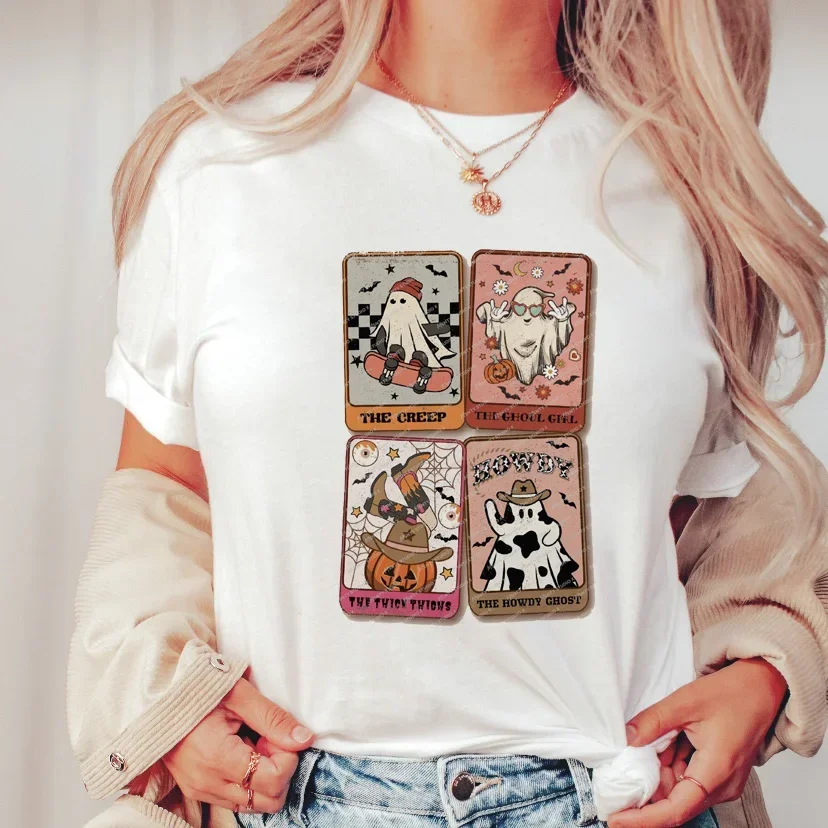 

Модная Милая женская футболка с веселым мультяшным изображением тыквы, повседневная женская белая футболка с коротким рукавом и принтом на Хэллоуин