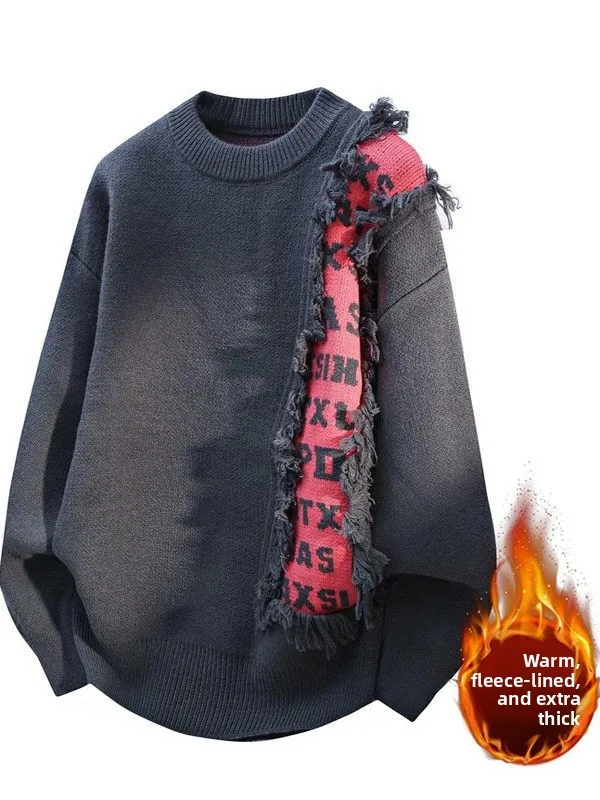 

Мужской утепленный свитер оверсайз с флисовой подкладкой, круглым вырезом, асимметричным кроем, теплый, модный, для повседневной носки