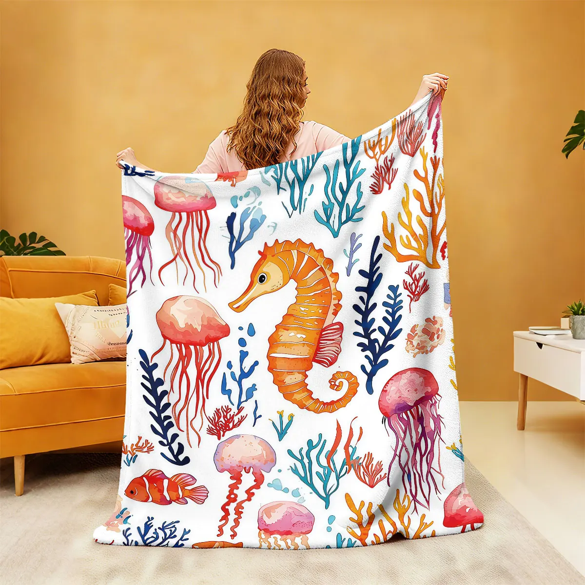 1pc Colorful Marine Cartoon Bio Printed Flannel Blanket In Multiple Sizes Comfortable, Suitable For Napping, Machine Washable