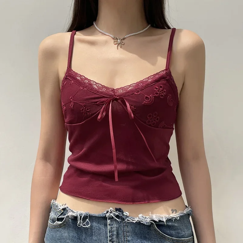 Sexy Red Camisole Summer V-neck Backless Crop Top Shirt Y2k 2000s Vintage Clothes 2024 Women Tank Tops bow crop top