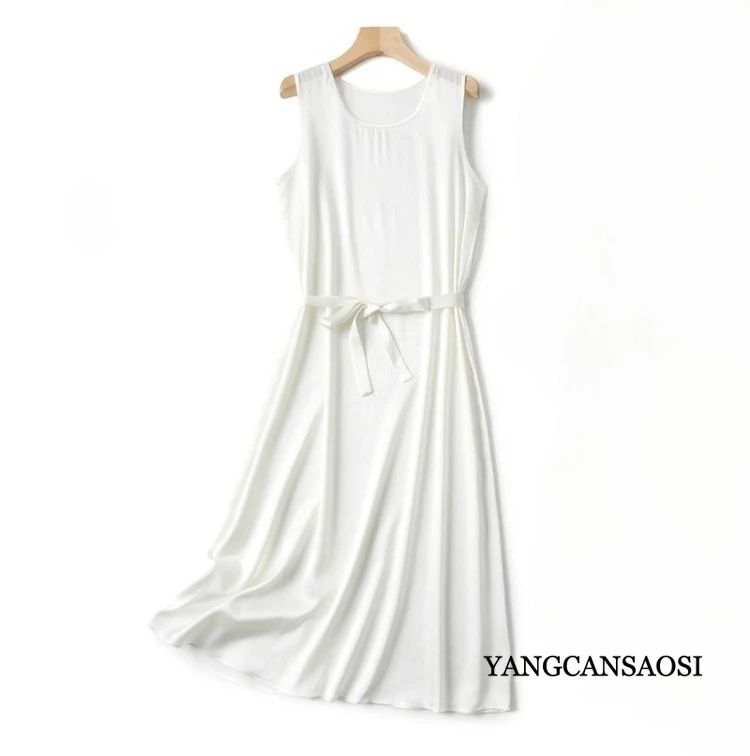 Roupas casuais femininas 93% seda amoreira natural cetim elástico cor sólida em torno do pescoço sem mangas versátil casual vestido solto