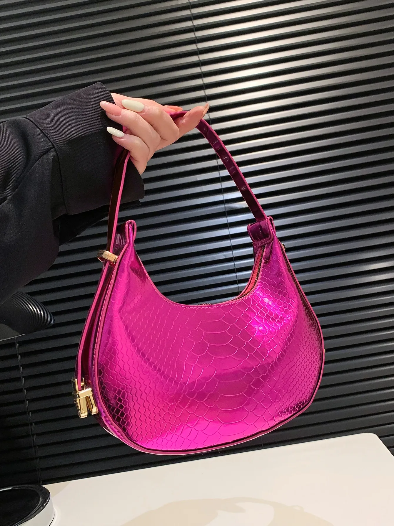 

Vibrant Fuchsia Metallic Snakeskin-Embossed Hobo Bag with Top Handle