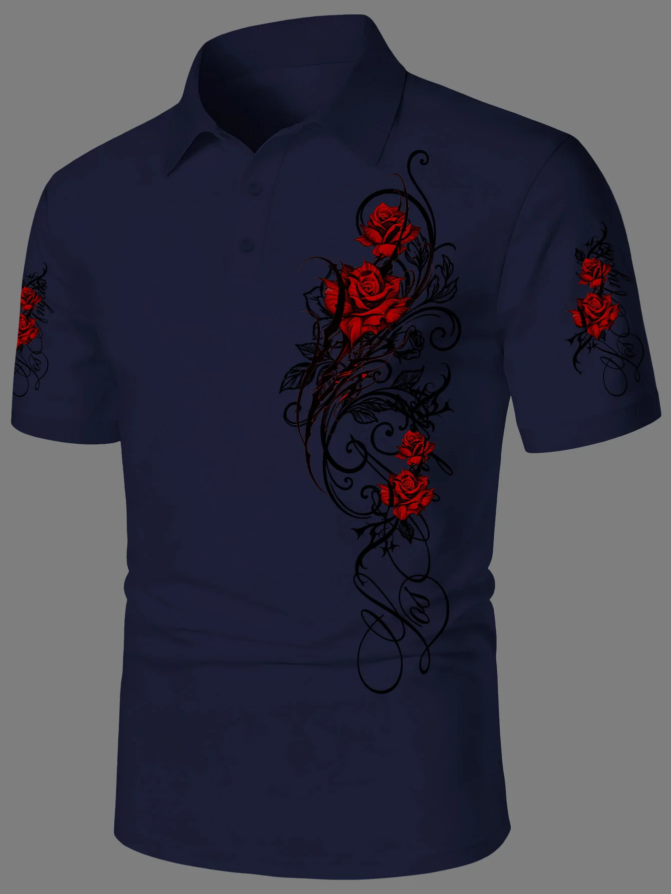 New unisex short sleeved polo shirt with American casual style floral print and rose vine print