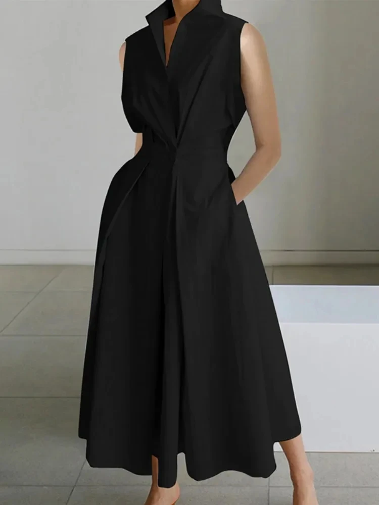 Office Ladyแฟชั่นสีทึบLapel A-Line Dress 2024 ฤดูร้อนใหม่สบายๆออกไปชุดMidiสําหรับผู้หญิง