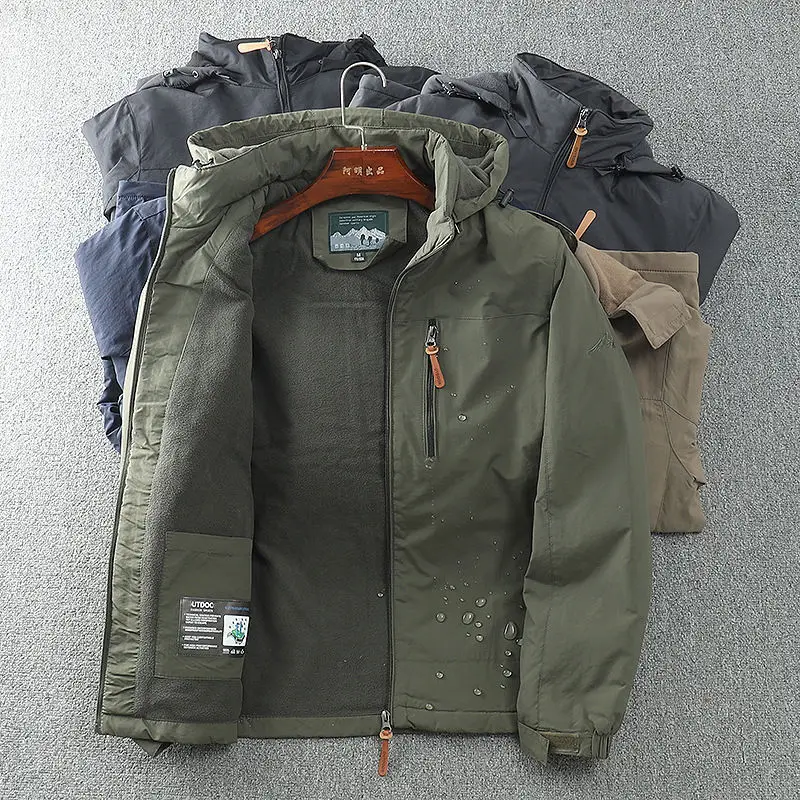 

Autumn And Winter Outdoor Velvet Cotton Clothes Men's Jacket Casual Removable Hooded Trench Coat Loose Coat Men