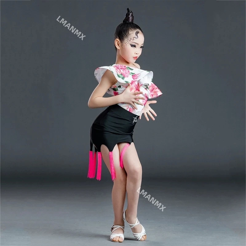 Lotus Leaf Sleeve Latin Dance Dress Suit Girls Fringed Dress Slit Suit Child Latin Dance Dresses Kids Practice Clothes