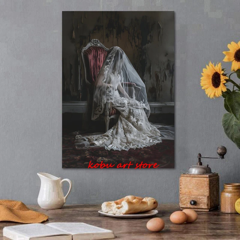 Dark Victorian Elegant Woman Lace Veil Posters Canvas Printing White Skirt Wedding Dress Bride Vintage Wall Art Room Home Decor