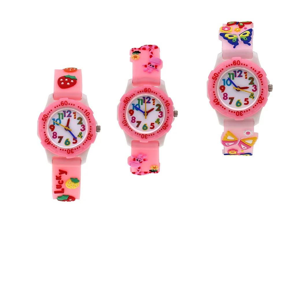 3D Pink Silicone Strap Watches for Students and Kids, Waterproof Quartz Watch
