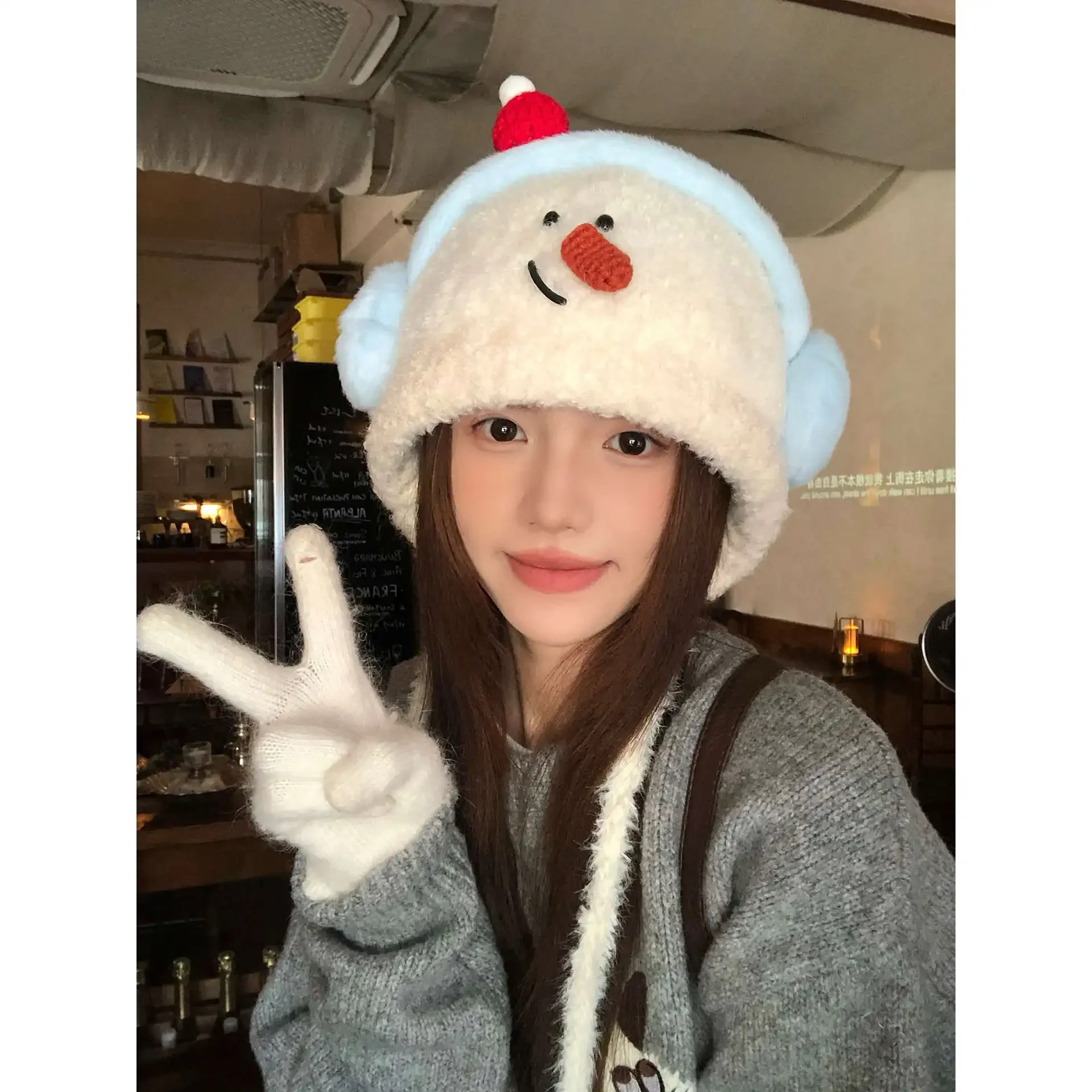 

Soft Plush Snowman Ear Flap Hat for Women - Cute Winter Knit Beanie, Cold Weather Warm Thermal for Biking & Daily Wear