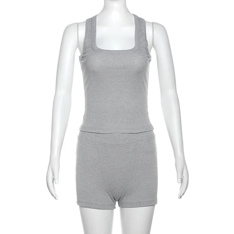 Tracksuits Casual Women 2 Piece Set Summer Daily Stretch U-neck Crop Vests+Ribbed Shorts Mujer Gym Concise Activewear