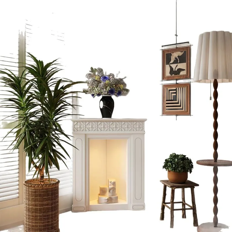 

Triangle light carved fireplace cabinet, corner side cabinet in the entrance of the living room, decorative corner cabinet