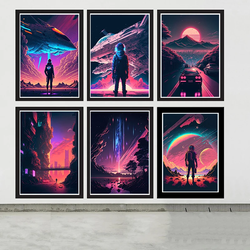 Modern Vintage Painting Synthwave Going down the road and Prints Canvas Poster Wall Art Pictures for Living Room Decor Cuadros