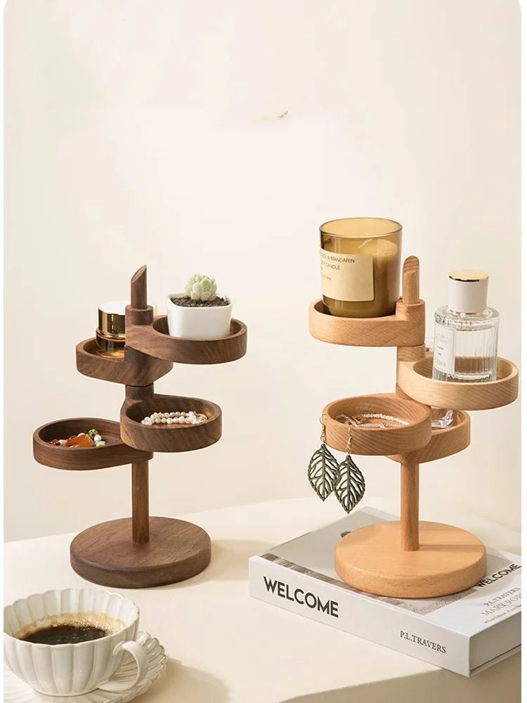 

Solid Wood Desktop Storage Rack Creative Rotating Flower Shape Jewelry Display Stand Succulent Holder Table Organizer