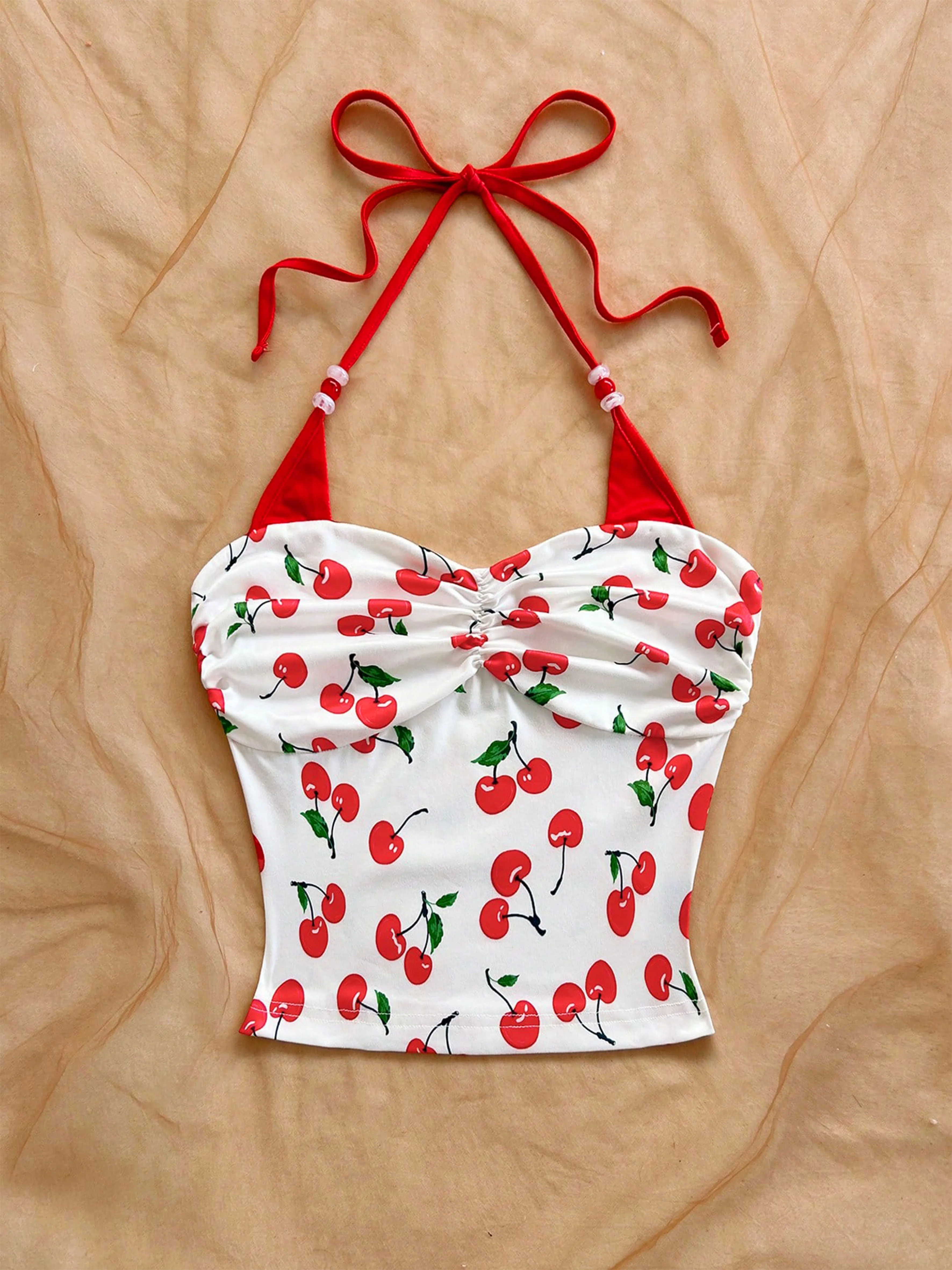 Damen-Neckholder-Top mit Kirschmuster und Farbblockierung, Sommer-Strandurlaub, Strandparty, Sommerparty – Detail 5