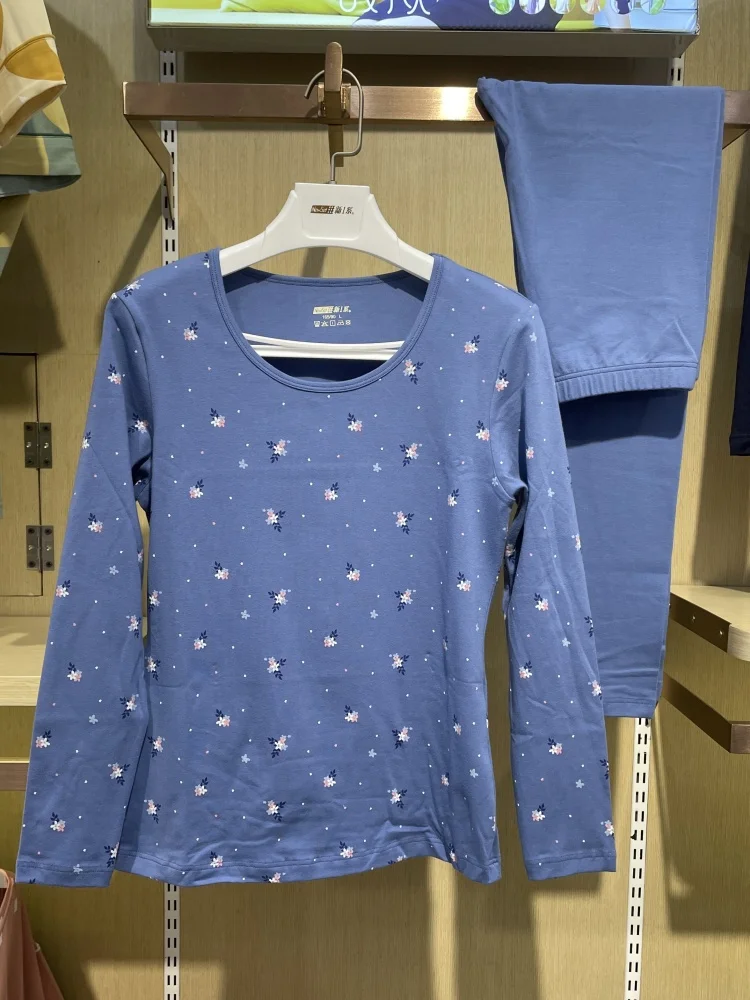 new-one-series-yi15-women's-cotton-lycra-round-neck-printed-warmth-set-long-sleeve-underwear-pants-long-pants-single-layer