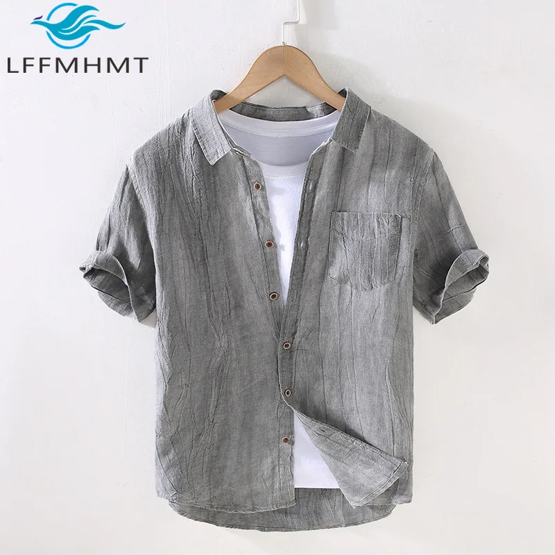 

9705 100% Linen Good Quality Casual Shirt for Men Summer New Fashion Thin Breathable Vintage Slim Relax Fit Short Sleeve Blouses