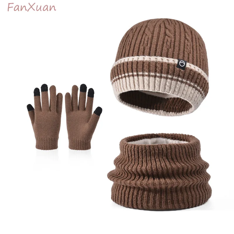boy winter hat snood gloves set 3pcs knit striped double layers plush lining fleece-lined children winter hats sets black blue