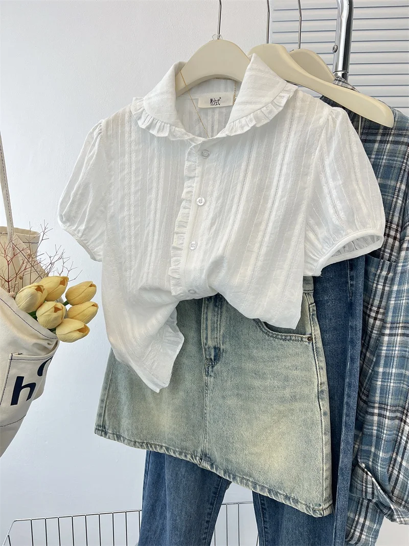 

Корейский Sle Sweet Ladp, белый кружевной топ с цветочным принтом ort Sve Bubble Sve Doll Collar irt, женский повседневный свободный топ