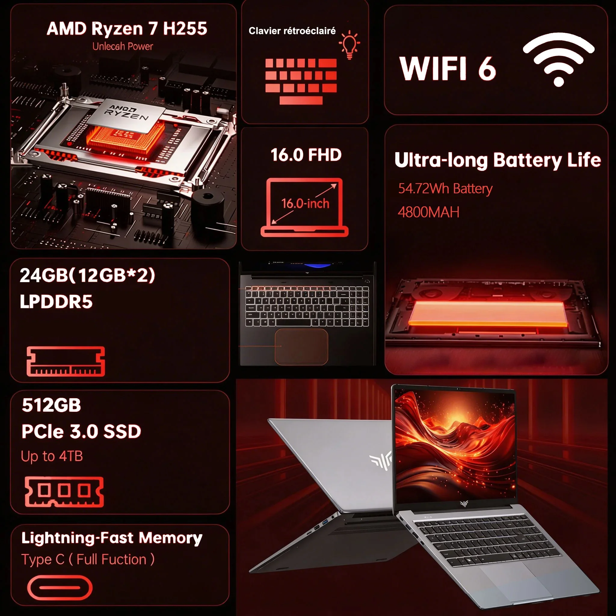 Portátil ACEMAGIC S16 de 16 pulgadas, diseñado para juegos: procesador Ryzen 7 H255, 24 GB de memoria LPDDR5, disco SSD NVMe de 512 GB, tarjeta gráfica AMD Radeon 780M, WiFi 6, Bluetooth 5.2, Windows 11 Pro.