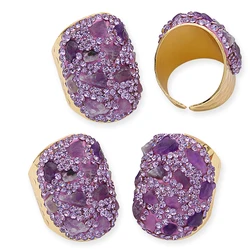 Micro Inlay Irregular Amethyst Open Ring for Women Girls Gold-color Chip Stones Party Wedding Anniversary Gifts Jewelry